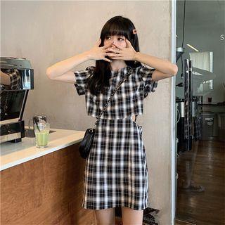 Plaid Cutout Short-sleeve Slim-fit Dress