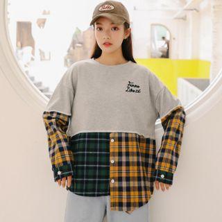 Mock Two-piece Plaid Panel Sweatshirt Gray - One Size