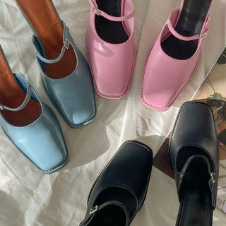 Flared-heel Buckled Mules