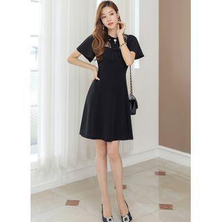 Tie-neck Lace-yoke Bell-sleeve Dress