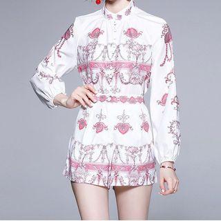 Set: Long-sleeve Print Stand Collar Shirt + Dress Shorts