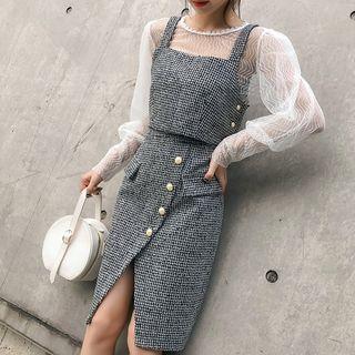 Set: Long-sleeve Sheer Top + Sleeveless Patterned Dress
