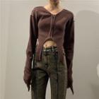 Long-sleeve Cutout Ribbed Zip T-shirt