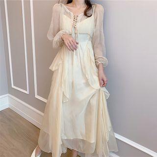 Spaghetti Strap Ruffle Midi A-line Dress / Lace Up Cropped Blouse