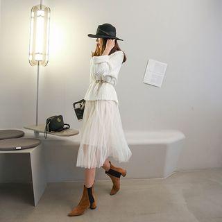 Set: Turtleneck Sweater + Tulle Midi Skirt + Belt