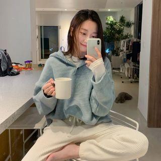 Long-sleeve Split Hem Knit Hooded Pullover Grayish Blue - One Size