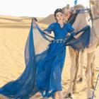 Set: Short-sleeve V-neck Maxi A-line Dress + Scarf + Belt