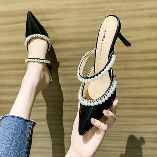 Faux Pearl Pointed High Heel Mules