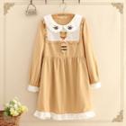 Frill Trim Bear Embroidered Long Sleeve Dress