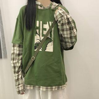 Plaid Panel Hooded Sweatshirt / Plain Midi Skirt