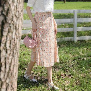 Floral Print Midi A-line Skirt Floral - Tangerine - One Size