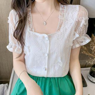 Short-sleeve Square-neck Lace Panel Shirt