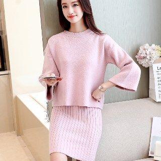 Set: Plain Sweater + Sleeveless Knit Dress