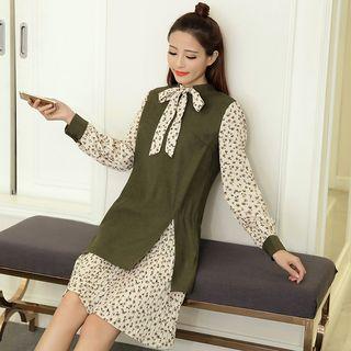Bow Mock Two-piece Long-sleeve Dress