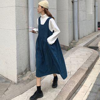 Turtleneck Long-sleeve Top / Midi A-line Corduroy Pinafore Dress