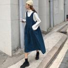 Turtleneck Long-sleeve Top / Midi A-line Corduroy Pinafore Dress