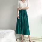 Plain Elastic-waist Pleated Midi-skirt