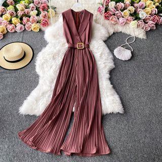 Belted Lapel Wide Leg Sleeveless Jumpsuit