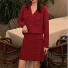 Long-sleeve Button-up Knit Mini Sheath Dress / Cardigan / Mini Pencil Skirt / Set