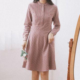 Gingham Long-sleeve A-line Shirt Dress