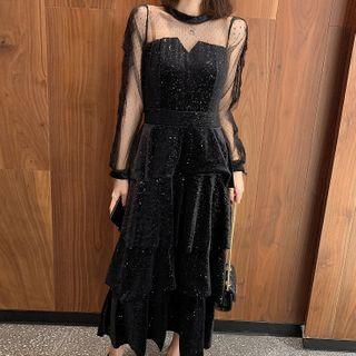 Long-sleeve Mesh Panel Midi Tiered Velvet Dress