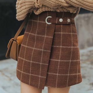 Check Wrap-front A-line Skirt