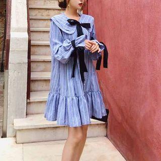 Long Sleeve Striped Dress Blue - One Size