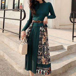 Long-sleeve Mock Two-piece Printed Panel Midi Knit Dress