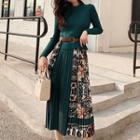Long-sleeve Mock Two-piece Printed Panel Midi Knit Dress