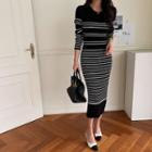 Stripe Ribbed-knit Long Bodycon Dress Black - One Size