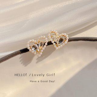 Faux Pearl Heart Stud Earring 1 Pair - Gold & White - One Size