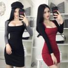 Square Neck Color Block Long-sleeve Sheath Dress