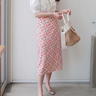 Back-slit Floral Print Midi Skirt