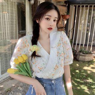 Floral Frill Trim Short Sleeve Tie-waist Blouse