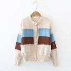 Color Block Cardigan Blue & Brown & Off-white - One Size