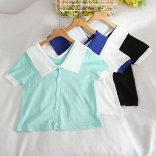 Short-sleeve Contrast Collar Button-up Knit Top