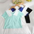 Short-sleeve Contrast Collar Button-up Knit Top