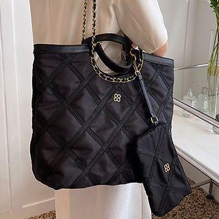 Set: Chain Strap Nylon Tote Bag + Pouch Set Of 2 - Tote Bag & Pouch - Black - One Size