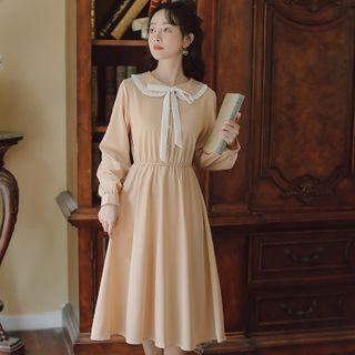 Long-sleeve Collared Bow-neck Midi A-line Dress