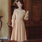 Long-sleeve Collared Bow-neck Midi A-line Dress