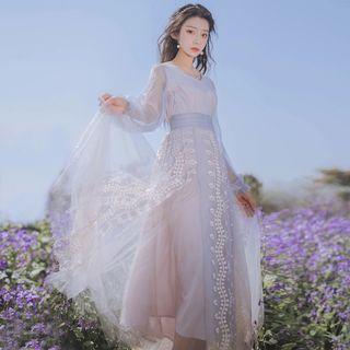 Embroidered Mesh Long-sleeve Midi A-line Dress
