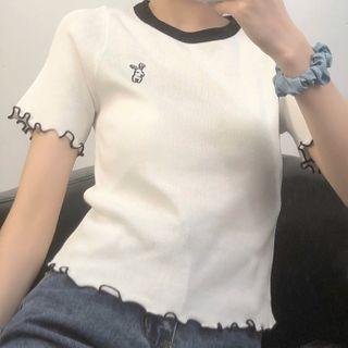 Ruffled-trim Short-sleeve Printed T-shirt