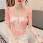 Short-sleeve V-neck Ribbon Top