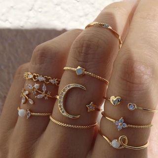 Set Of 10: Rhinestone Alloy Ring (various Designs) Set Of 10 - Silver Rhinestone - Gold - One Size