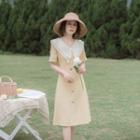 Short-sleeve Wide Collar Buttoned A-line Dress