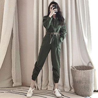 Long-sleeve Belted Harem Cargo Jumpsuit