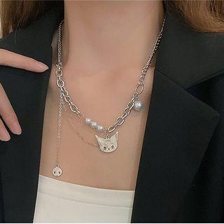 Cat Pendant Faux Pearl Layered Alloy Necklace Xl1425 - Silver - One Size
