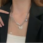 Cat Pendant Faux Pearl Layered Alloy Necklace Xl1425 - Silver - One Size