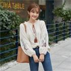 Tie-neck Flower-embroidered Blouse