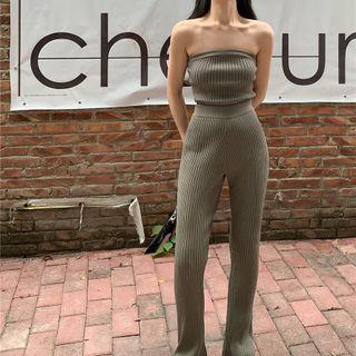 Strapless Knit Top / Boot-cut Pants